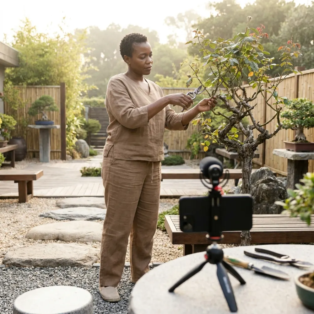A seitō pruning a bonsai in a garden, a phone on a tripod filming the work.