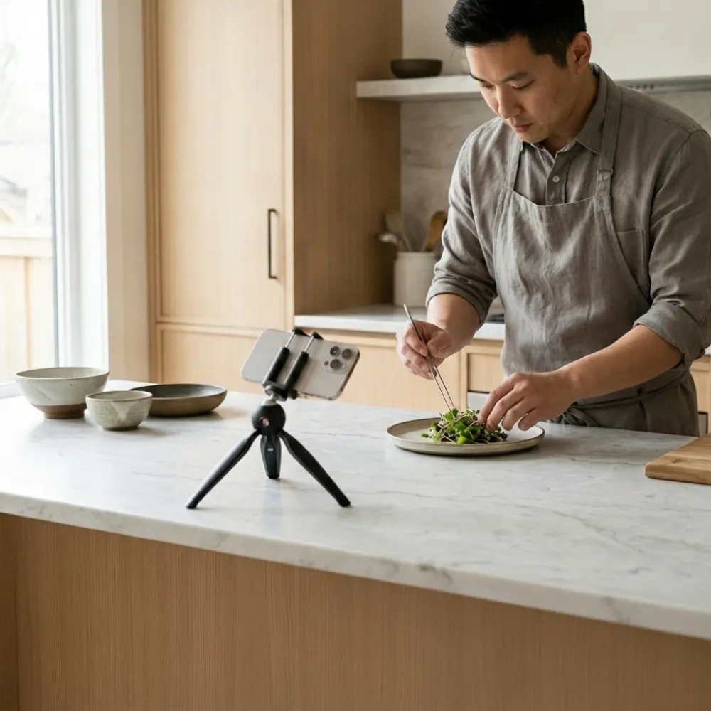 A seitō plating a dish in a kitchen, a phone on a tripod filming from the side.