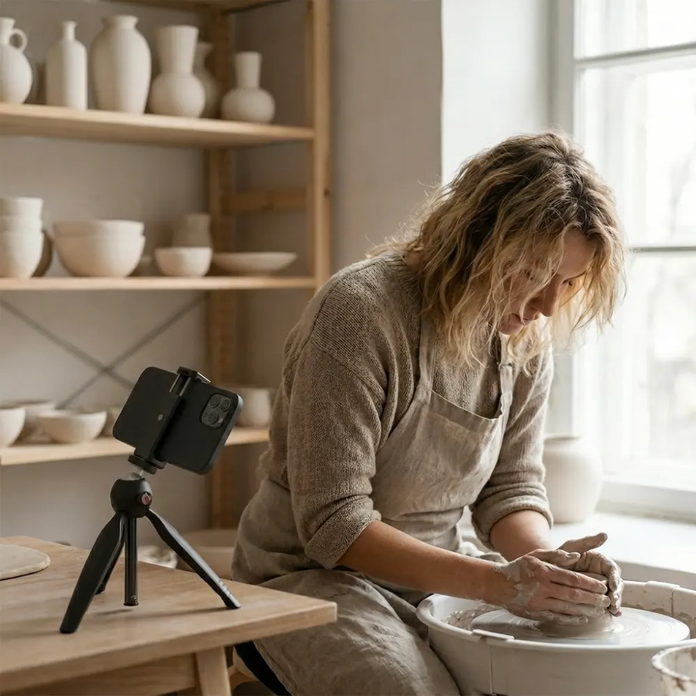 A seitō at a pottery wheel, hands in clay, with a phone on a small tripod filming her hands.